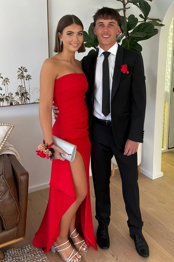 Delvine | Red - Mermaid Strapless Satin Pleated Long Prom Dress with Slit - KissProm