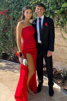Delvine | Red - Mermaid Strapless Satin Pleated Long Prom Dress with Slit - KissProm