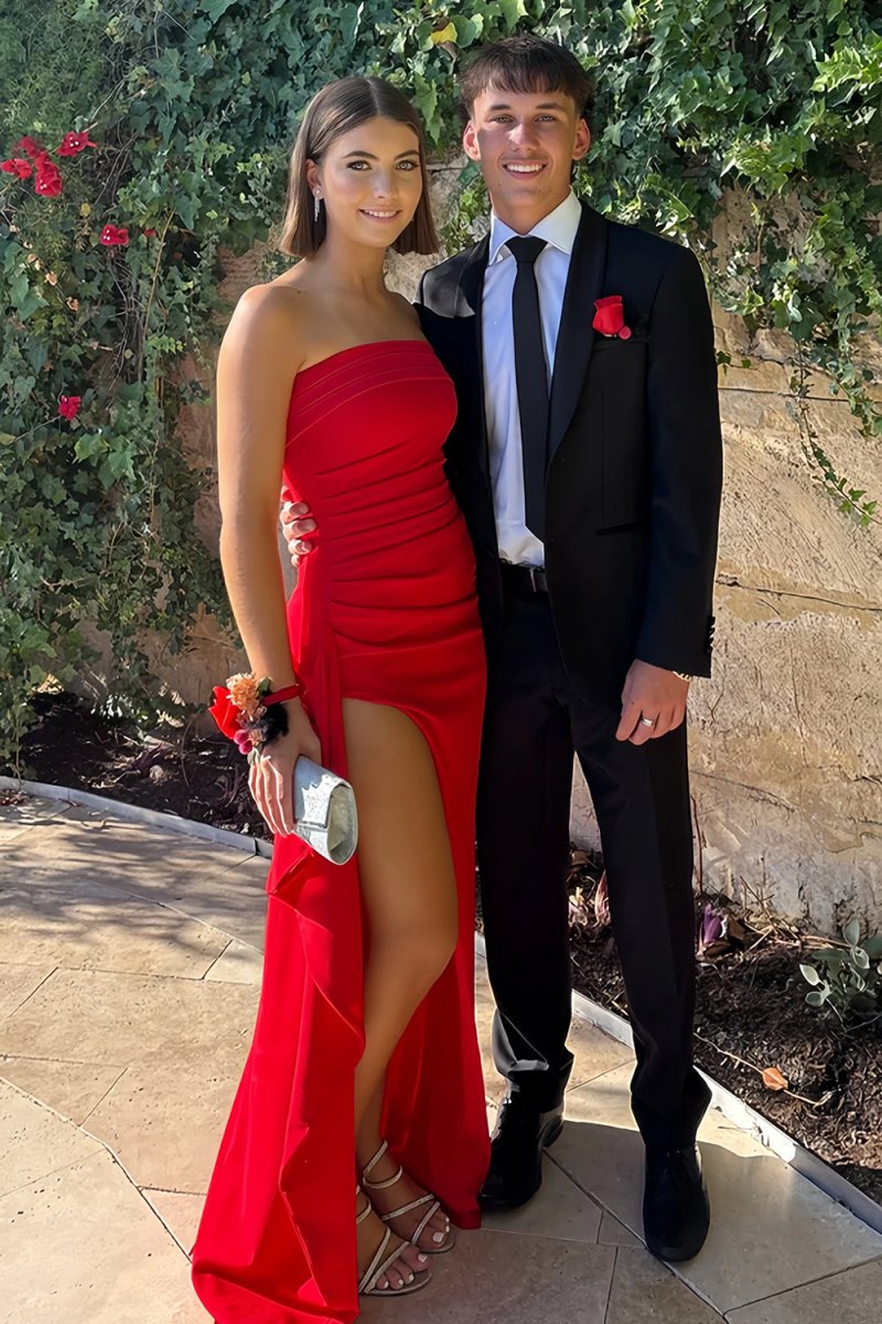 Delvine | Red - Mermaid Strapless Satin Pleated Long Prom Dress with Slit - KissProm