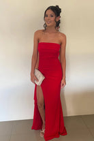 Delvine | Red - Mermaid Strapless Satin Pleated Long Prom Dress with Slit - KissProm