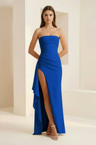 Delvine | Royal Blue - Mermaid Strapless Satin Pleated Long Prom Dress with Slit - KissProm