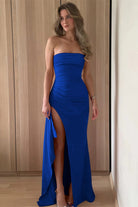 Delvine | Royal Blue - Mermaid Strapless Satin Pleated Long Prom Dress with Slit - KissProm