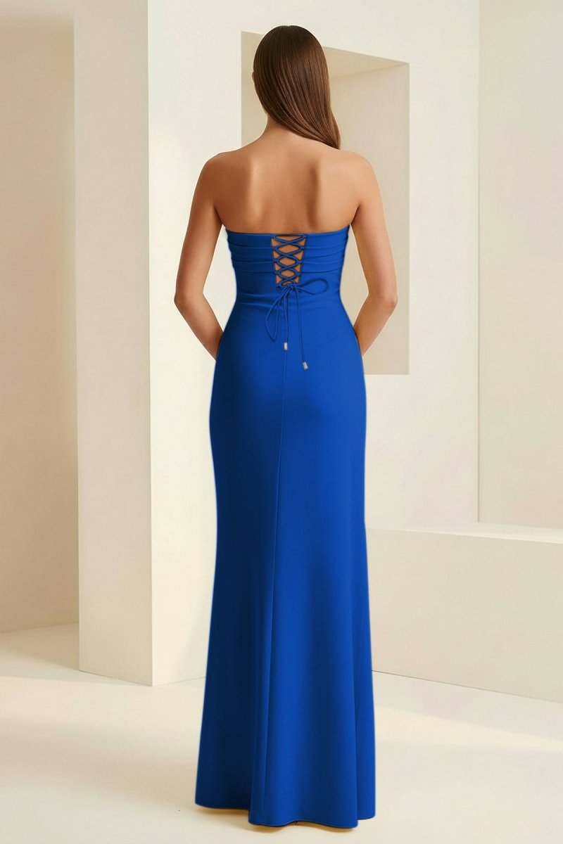 Delvine | Royal Blue - Mermaid Strapless Satin Pleated Long Prom Dress with Slit - KissProm