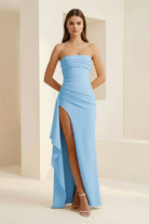 Delvine | Sky Blue - Mermaid Strapless Satin Pleated Long Prom Dress with Slit - KissProm
