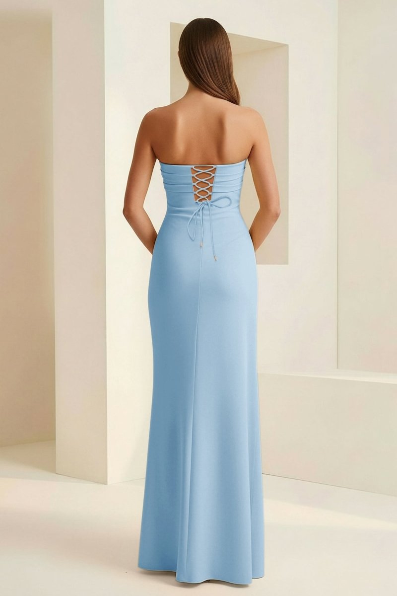 Delvine | Sky Blue - Mermaid Strapless Satin Pleated Long Prom Dress with Slit - KissProm