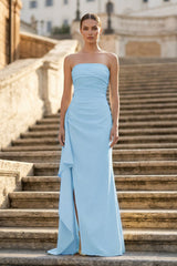 Sky Blue - Mermaid Strapless Satin Pleated Long Prom Dress with Slit