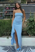 KissProm-Delvine Sky Blue Mermaid Strapless Satin Pleated Long Prom Dress with Slit