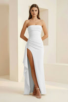 Delvine | White - Mermaid Strapless Satin Pleated Long Prom Dress with Slit - KissProm