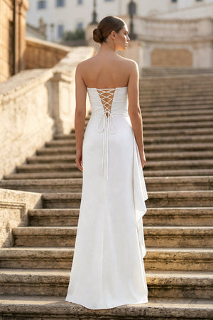 White - Mermaid Strapless Satin Pleated Long Prom Dress with Slit