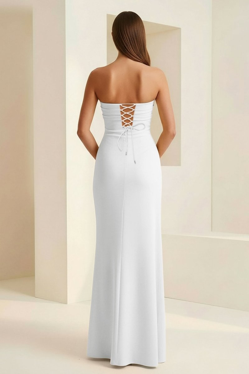 Delvine | White - Mermaid Strapless Satin Pleated Long Prom Dress with Slit - KissProm