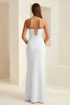 Delvine | White - Mermaid Strapless Satin Pleated Long Prom Dress with Slit - KissProm