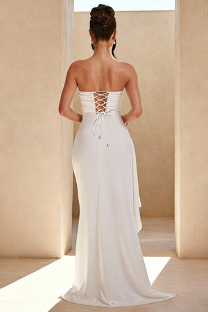 KissProm-Delvine White Mermaid Strapless Satin Pleated Long Prom Dress with Slit
