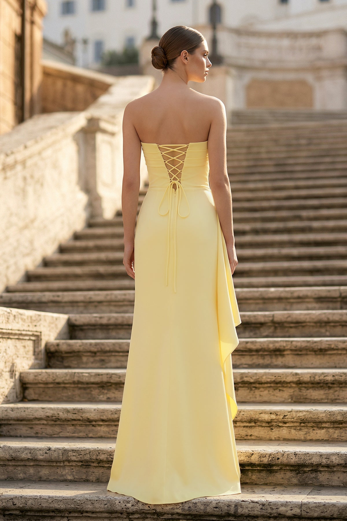 strapless yellow prom dress Light Satin Homecoming Dresses with Pockets Turn heads in this strapless mermaid gown crafted from luxurious satin Mermaid Strapless Yellow Satin Corset