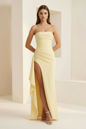 Delvine | Yellow - Mermaid Strapless Satin Pleated Long Prom Dress with Slit - KissProm
