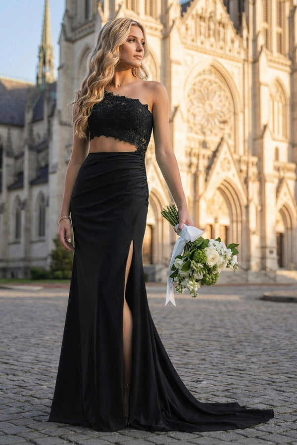 KissProm-Black - One Shoulder Sheath Lace Appliqued Prom Dresses With Cutout