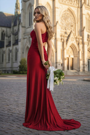 KissProm-Burgundy- One Shoulder Sheath Lace Appliqued Prom Dresses With Cutout