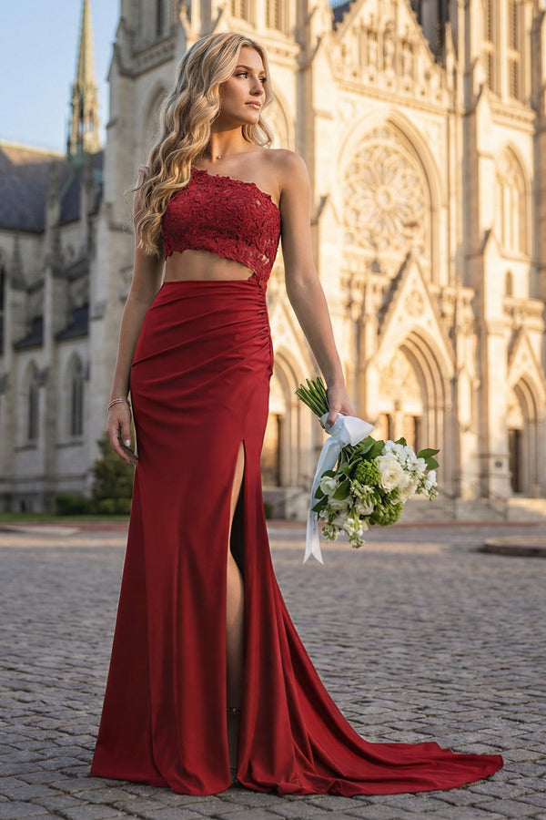 KissProm-Burgundy- One Shoulder Sheath Lace Appliqued Prom Dresses With Cutout