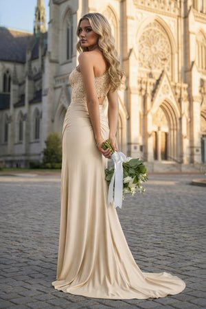 KissProm-Champagne- One Shoulder Sheath Lace Appliqued Prom Dresses With Cutout