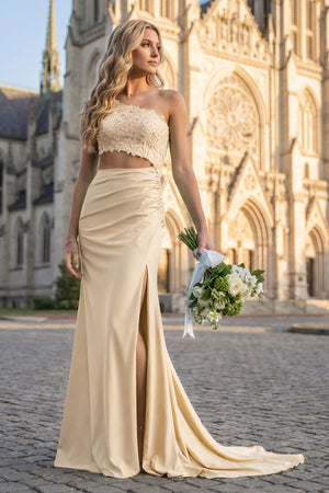 KissProm-Champagne- One Shoulder Sheath Lace Appliqued Prom Dresses With Cutout