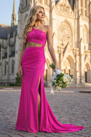 KissProm-Fuchsia- One Shoulder Sheath Lace Appliqued Prom Dresses With Cutout
