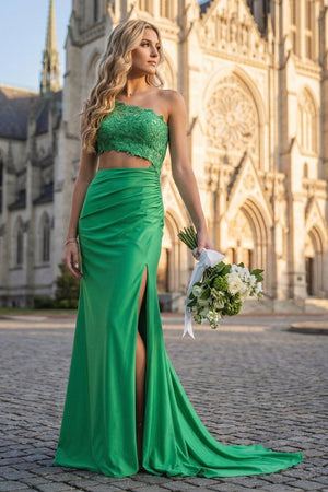 Delyra | Green - One Shoulder Sheath Lace Appliqued Prom Dresses With Cutout - KissProm