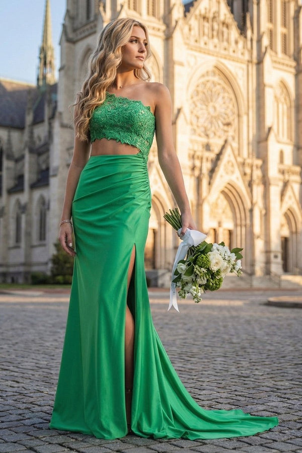 Delyra | Green - One Shoulder Sheath Lace Appliqued Prom Dresses With Cutout - KissProm