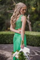Delyra | Green - One Shoulder Sheath Lace Appliqued Prom Dresses With Cutout - KissProm