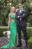 Delyra | Green - One Shoulder Sheath Lace Appliqued Prom Dresses With Cutout - KissProm