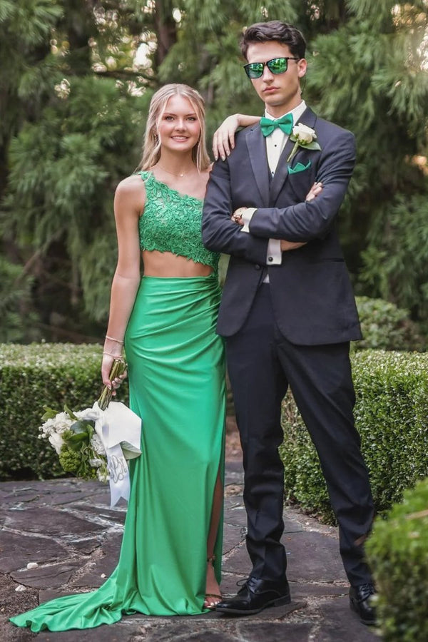 Delyra | Green - One Shoulder Sheath Lace Appliqued Prom Dresses With Cutout - KissProm