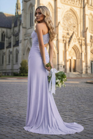 KissProm-Lavender- One Shoulder Sheath Lace Appliqued Prom Dresses With Cutout