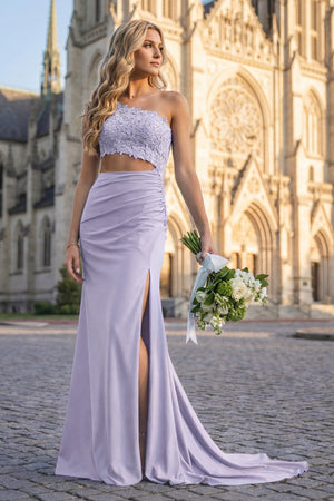 KissProm-Lavender- One Shoulder Sheath Lace Appliqued Prom Dresses With Cutout