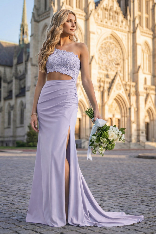 KissProm-Lavender- One Shoulder Sheath Lace Appliqued Prom Dresses With Cutout