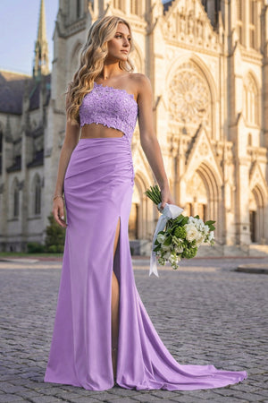 KissProm-Lilac- One Shoulder Sheath Lace Appliqued Prom Dresses With Cutout