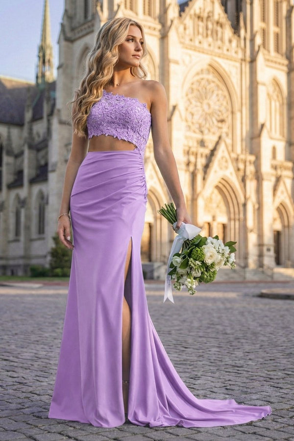 Royal Blue - One Shoulder Sheath Lace Appliqued Prom Dresses With Cutout - KissProm