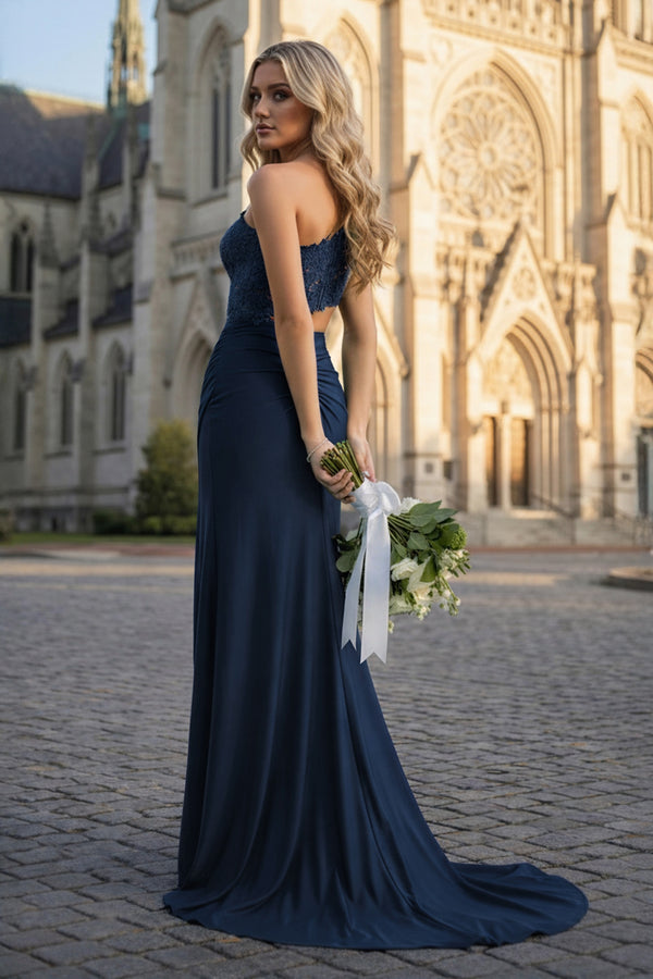 KissProm-Navy Blue- One Shoulder Sheath Lace Appliqued Prom Dresses With Cutout