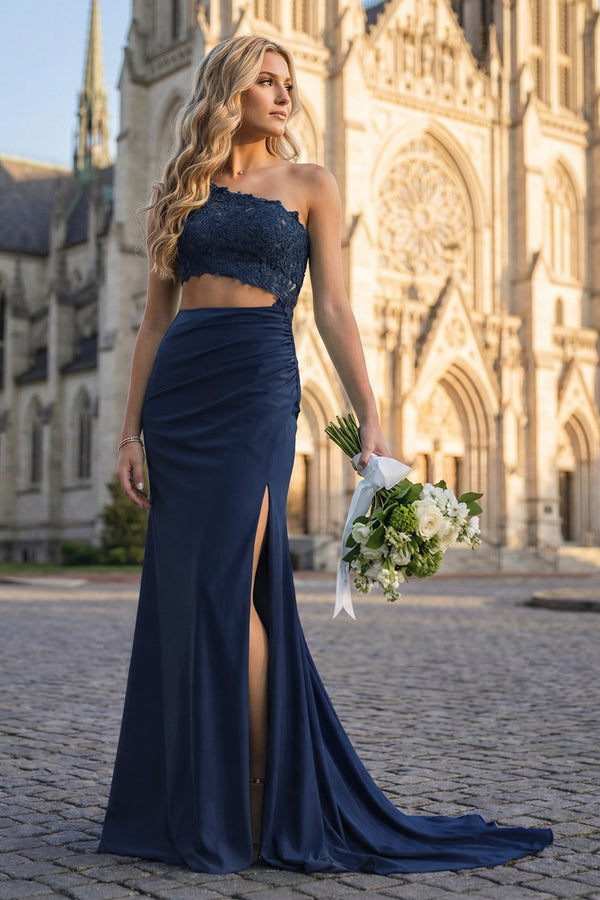 KissProm-Navy Blue- One Shoulder Sheath Lace Appliqued Prom Dresses With Cutout