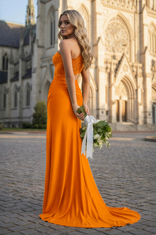 KissProm-Orange- One Shoulder Sheath Lace Appliqued Prom Dresses With Cutout