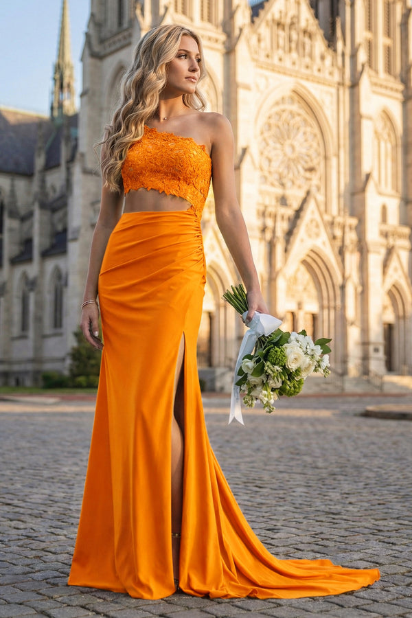 KissProm-Orange- One Shoulder Sheath Lace Appliqued Prom Dresses With Cutout