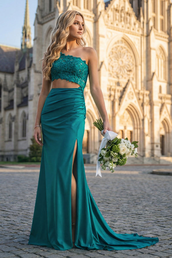 KissProm-Peacock- One Shoulder Sheath Lace Appliqued Prom Dresses With Cutout
