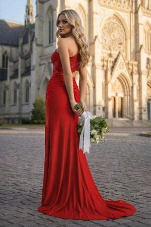 KissProm-Red- One Shoulder Sheath Lace Appliqued Prom Dresses With Cutout