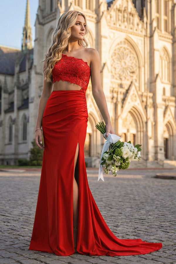 KissProm-Red- One Shoulder Sheath Lace Appliqued Prom Dresses With Cutout