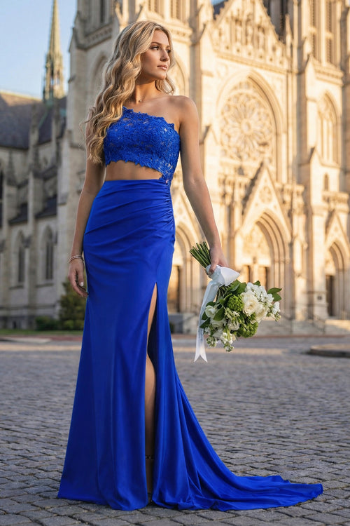 KissProm- Royal Blue - One Shoulder Sheath Lace Appliqued Prom Dresses With Cutout