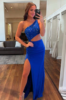 Delyra | Royal Blue - One Shoulder Sheath Lace Appliqued Prom Dresses With Cutout - KissProm