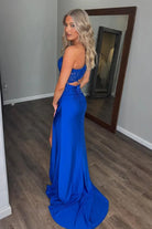 Delyra | Royal Blue - One Shoulder Sheath Lace Appliqued Prom Dresses With Cutout - KissProm