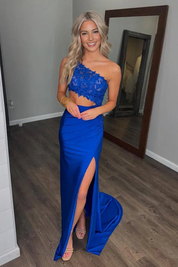 Delyra | Royal Blue - One Shoulder Sheath Lace Appliqued Prom Dresses With Cutout - KissProm
