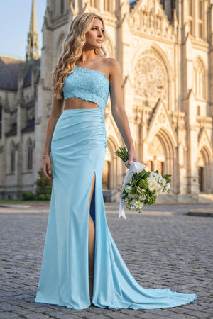 KissProm-Sky Blue - One Shoulder Sheath Lace Appliqued Prom Dresses With Cutout