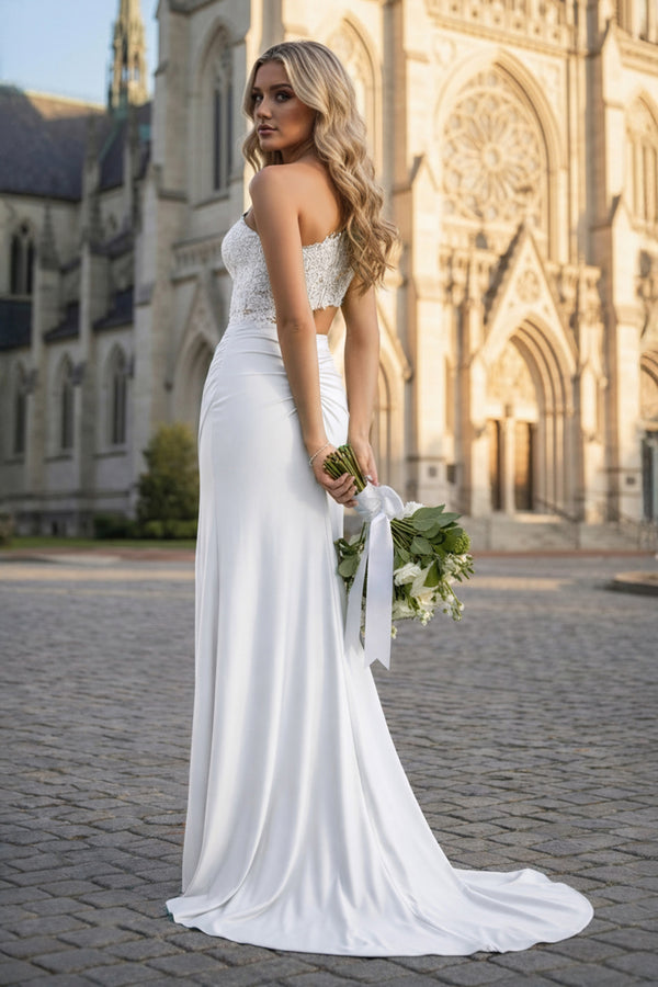 KissProm-White - One Shoulder Sheath Lace Appliqued Prom Dresses With Cutout