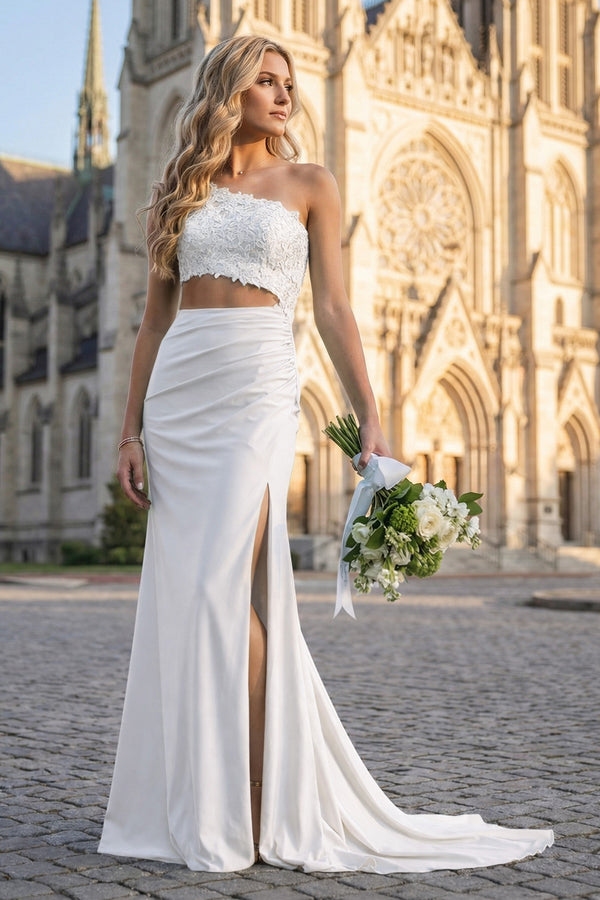 KissProm-White - One Shoulder Sheath Lace Appliqued Prom Dresses With Cutout