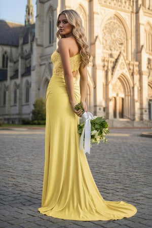 KissProm-Yellow - One Shoulder Sheath Lace Appliqued Prom Dresses With Cutout