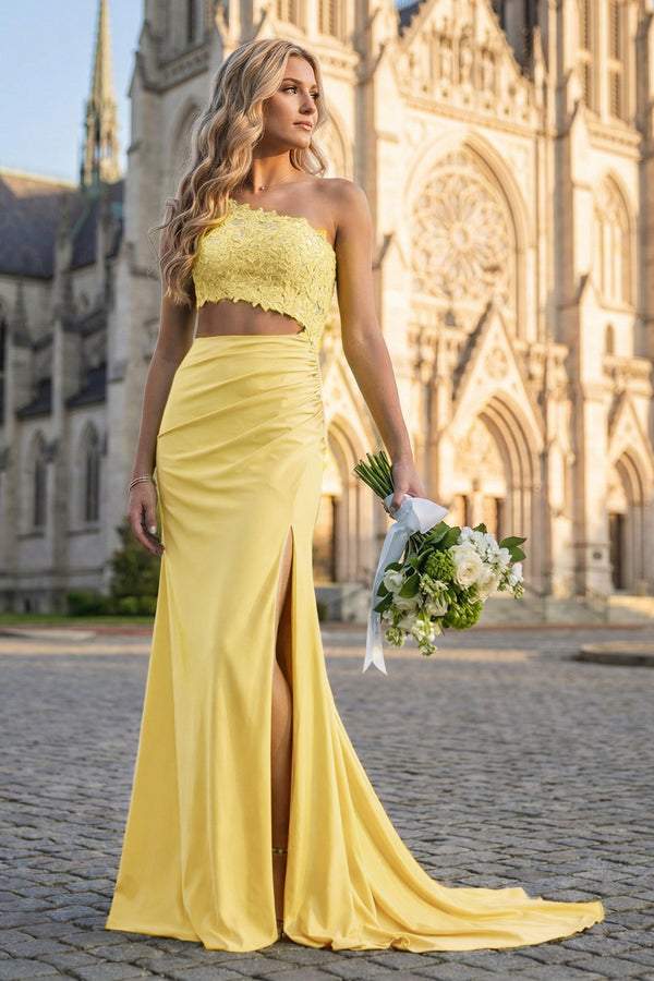 KissProm-Yellow - One Shoulder Sheath Lace Appliqued Prom Dresses With Cutout